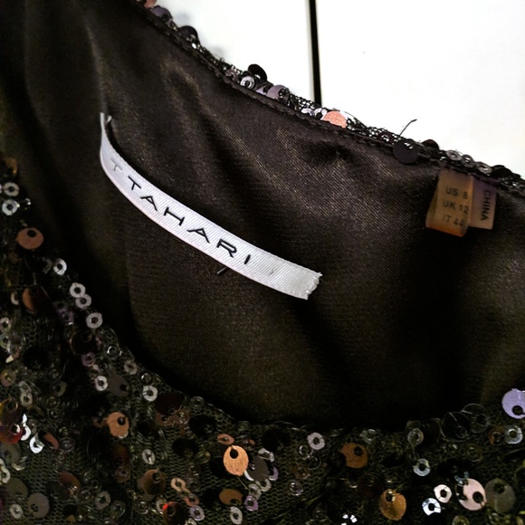 T Tahari One-Shoulder Black Sequin & Feather Cocktail Dress - Size 8 - Picture 5 of 7